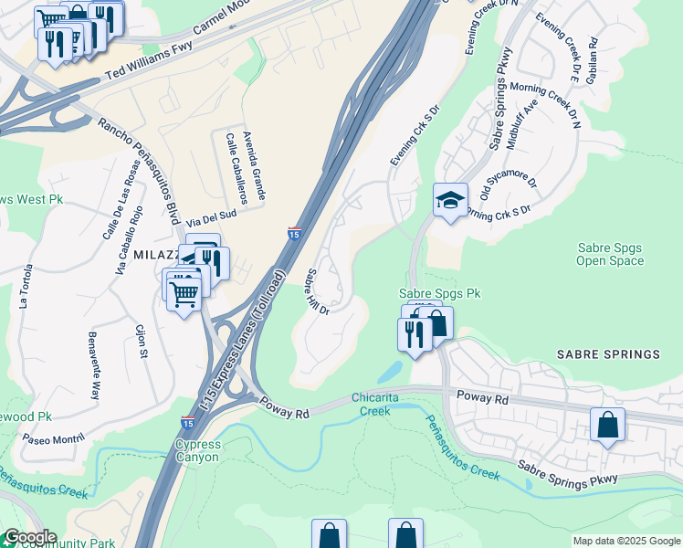 map of restaurants, bars, coffee shops, grocery stores, and more near 10810 Sabre Hill Drive in San Diego