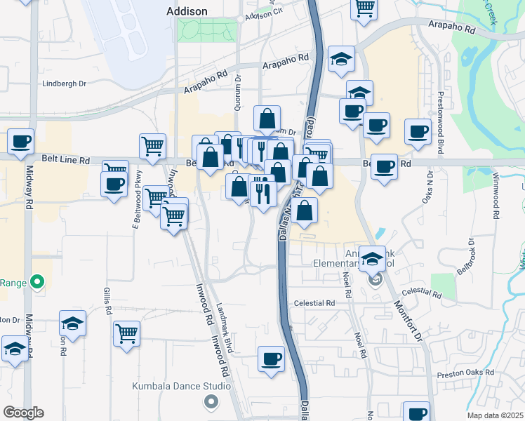 map of restaurants, bars, coffee shops, grocery stores, and more near 14901 Dallas Parkway in Dallas