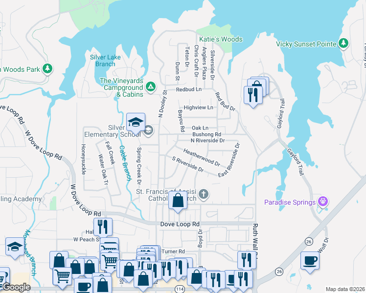 map of restaurants, bars, coffee shops, grocery stores, and more near 612 North Riverside Drive in Grapevine