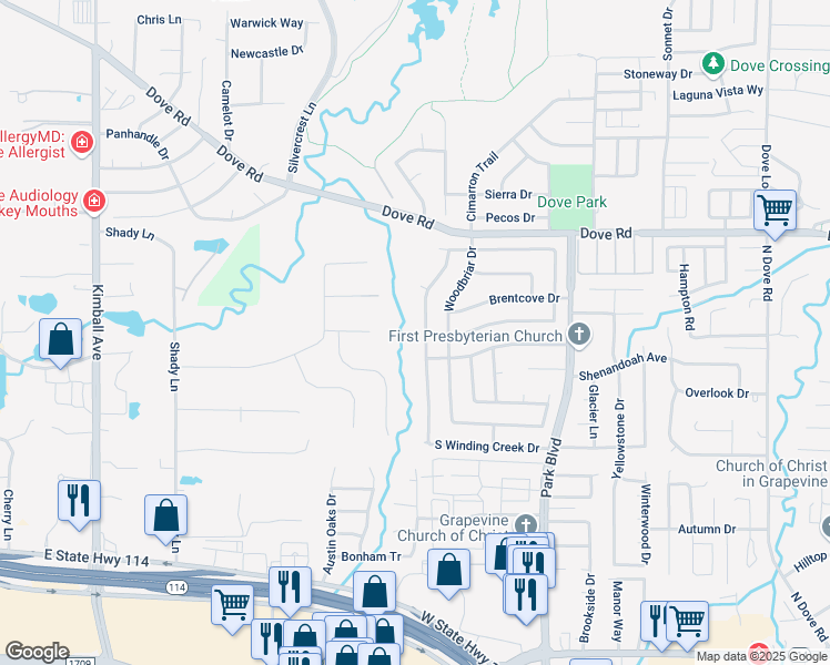 map of restaurants, bars, coffee shops, grocery stores, and more near 1085 Winding Creek West Drive in Grapevine
