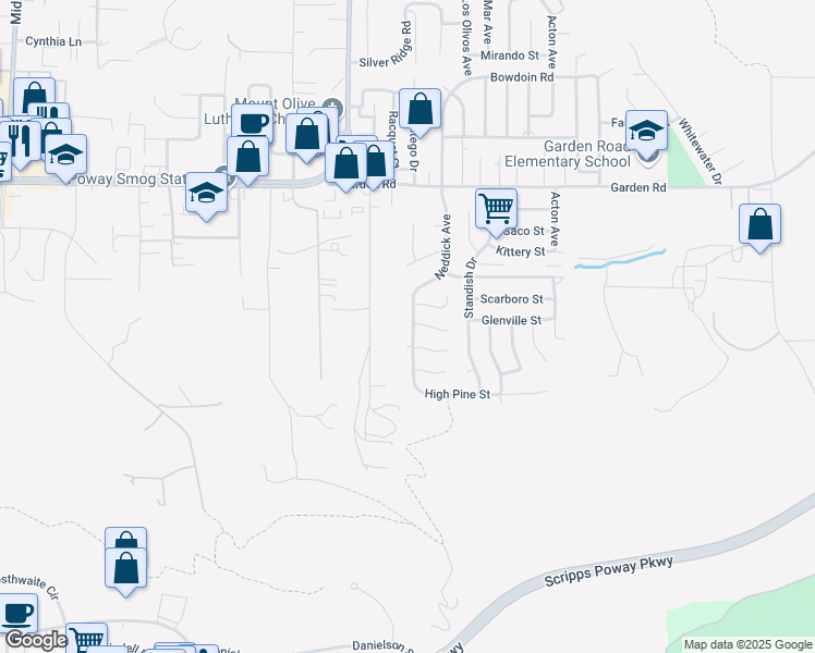 map of restaurants, bars, coffee shops, grocery stores, and more near 12848 Neddick Avenue in Poway