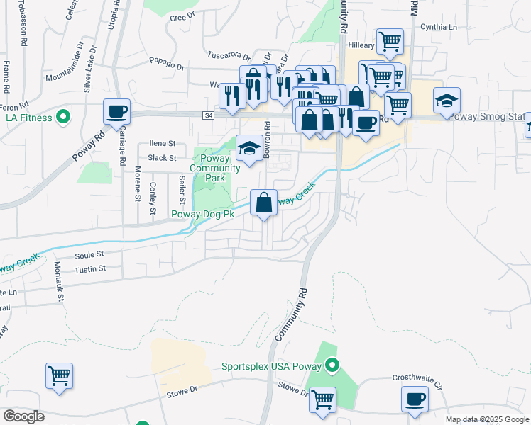 map of restaurants, bars, coffee shops, grocery stores, and more near 12833 Estrella Vista Street in Poway