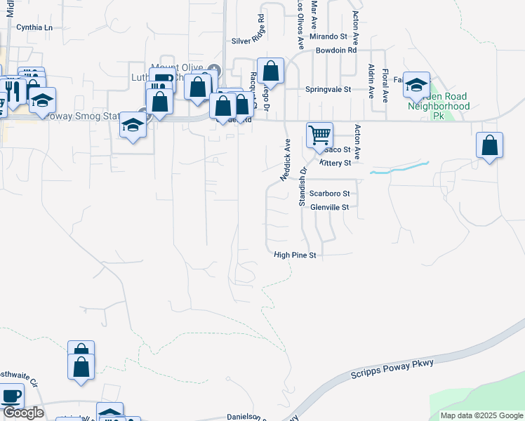 map of restaurants, bars, coffee shops, grocery stores, and more near 12848 Neddick Avenue in Poway