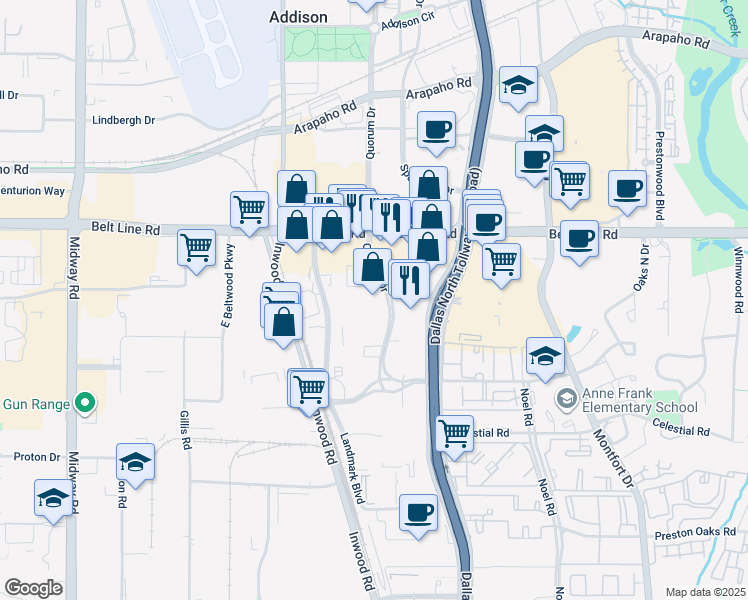 map of restaurants, bars, coffee shops, grocery stores, and more near 14975 Quorum Dr in Dallas