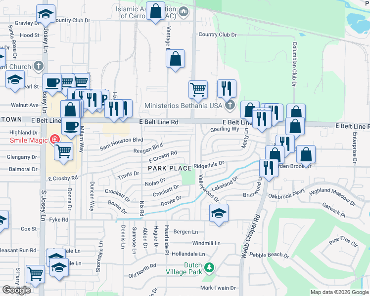 map of restaurants, bars, coffee shops, grocery stores, and more near 2247 Reagan Boulevard in Carrollton
