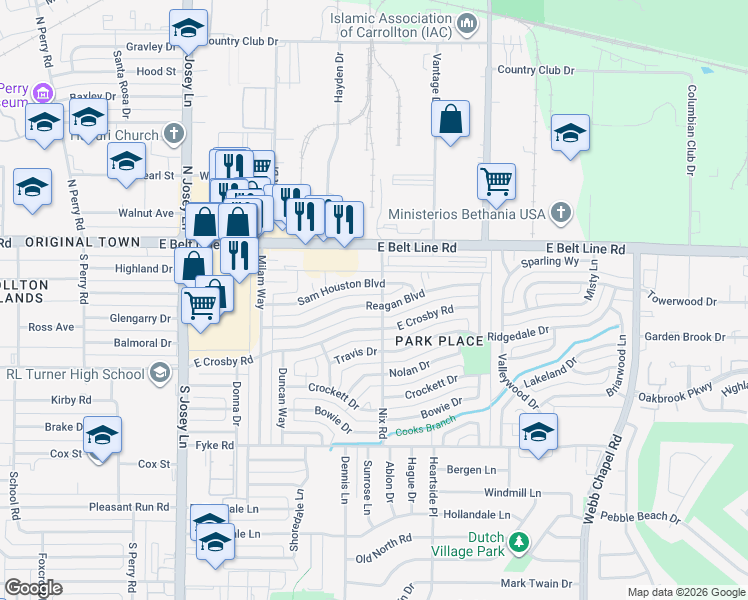 map of restaurants, bars, coffee shops, grocery stores, and more near 2124 Sam Houston Boulevard in Carrollton