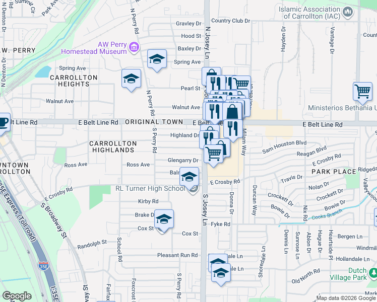 map of restaurants, bars, coffee shops, grocery stores, and more near 1829 Tartan Drive in Carrollton