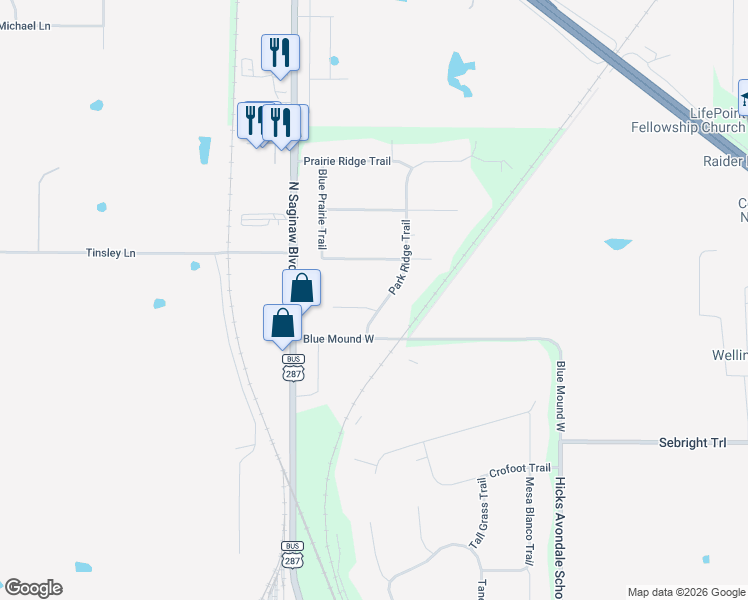 map of restaurants, bars, coffee shops, grocery stores, and more near 12353 Park Ridge Trail in Fort Worth