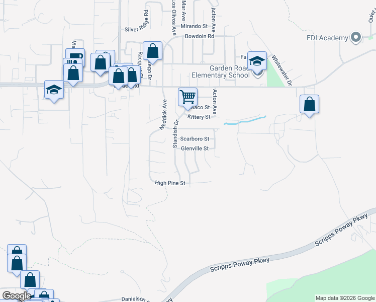 map of restaurants, bars, coffee shops, grocery stores, and more near 12953 Grimsley Avenue in Poway