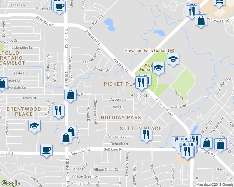 map of restaurants, bars, coffee shops, grocery stores, and more near 3801 Pickett Place Drive in Garland