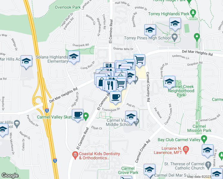 map of restaurants, bars, coffee shops, grocery stores, and more near 12853 El Camino Real in San Diego