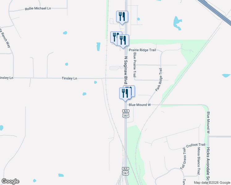 map of restaurants, bars, coffee shops, grocery stores, and more near 12319 North Saginaw Boulevard in Fort Worth
