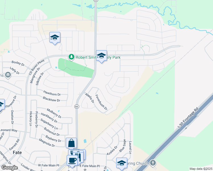 map of restaurants, bars, coffee shops, grocery stores, and more near 800 Roland Drive in Fate