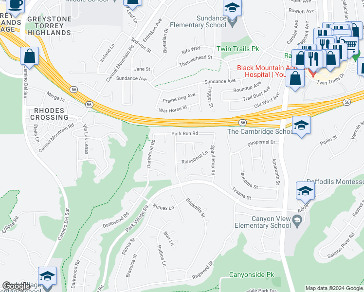 map of restaurants, bars, coffee shops, grocery stores, and more near 12638 Creekwood Court in San Diego