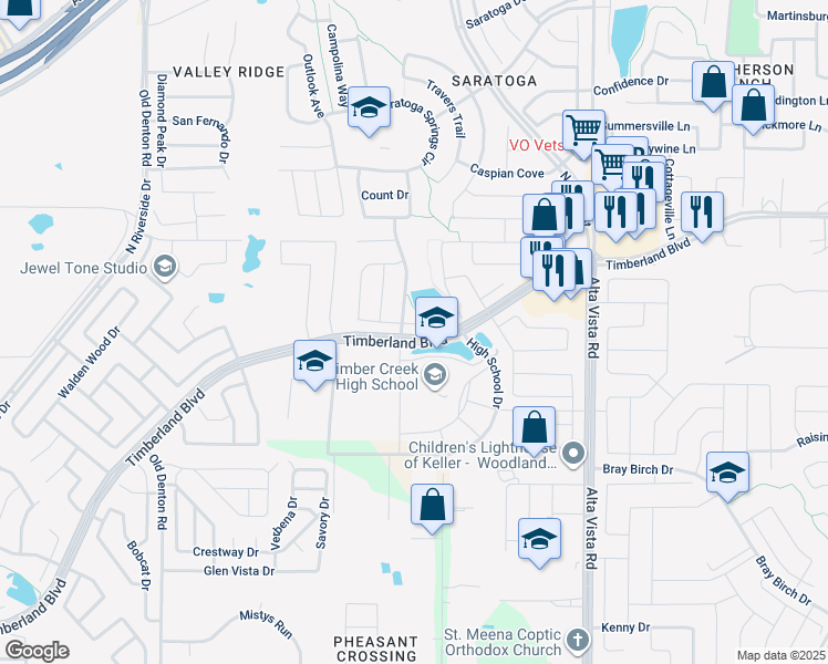 map of restaurants, bars, coffee shops, grocery stores, and more near 12400 Woods Edge Trail in Keller