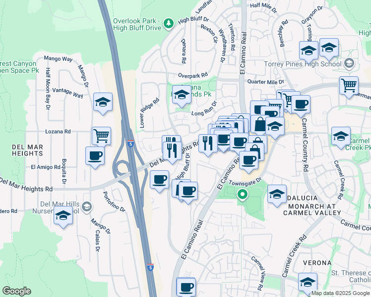 map of restaurants, bars, coffee shops, grocery stores, and more near High Bluff Drive in San Diego