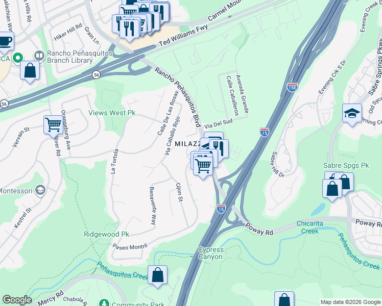 map of restaurants, bars, coffee shops, grocery stores, and more near 10024 Paseo Montril in San Diego