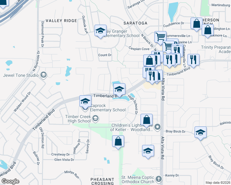 map of restaurants, bars, coffee shops, grocery stores, and more near 3364 Lone Tree Lane in Fort Worth