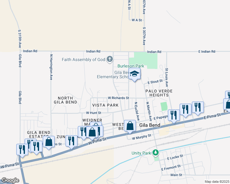 map of restaurants, bars, coffee shops, grocery stores, and more near 512 North Scott Avenue in Gila Bend