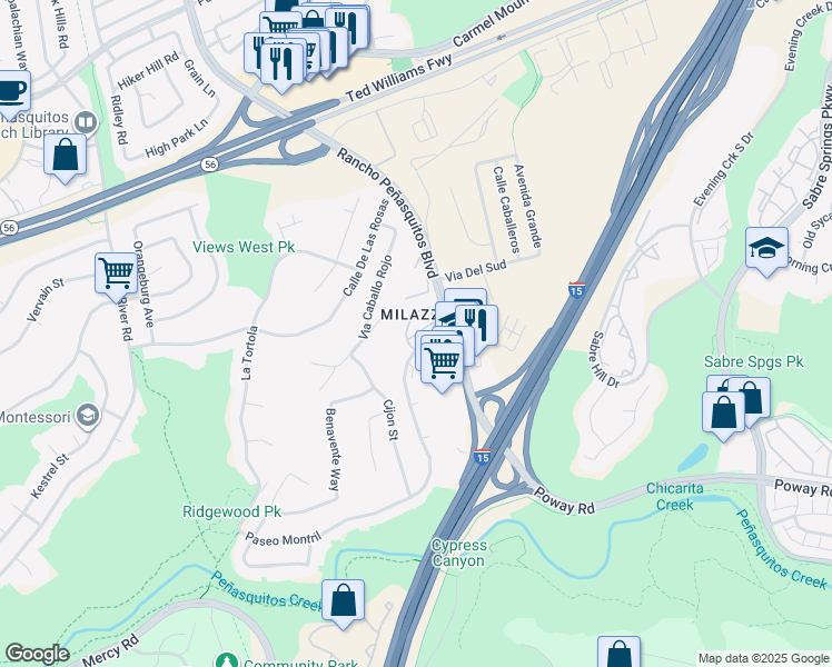map of restaurants, bars, coffee shops, grocery stores, and more near 10024 Paseo Montril in San Diego