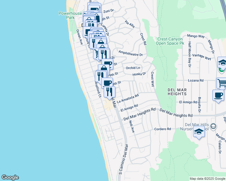 map of restaurants, bars, coffee shops, grocery stores, and more near 771 Camino Del Mar in Del Mar
