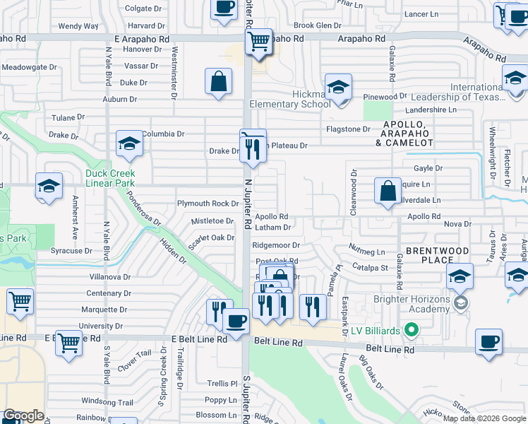 map of restaurants, bars, coffee shops, grocery stores, and more near 3402 Aquarius Circle in Garland