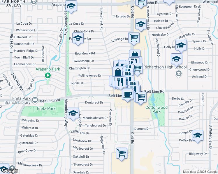 map of restaurants, bars, coffee shops, grocery stores, and more near 14833 Spring Creek Road in Dallas