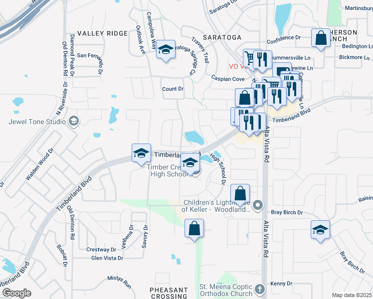 map of restaurants, bars, coffee shops, grocery stores, and more near 12400 Woods Edge Trail in Keller
