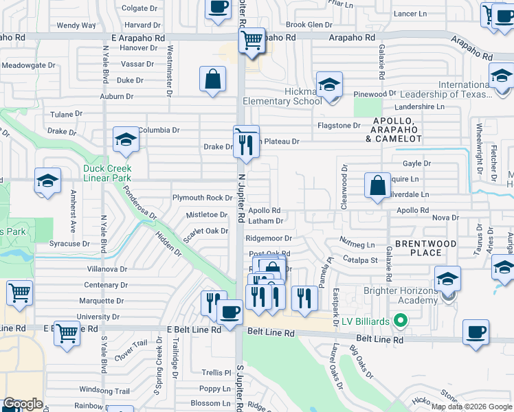 map of restaurants, bars, coffee shops, grocery stores, and more near 3402 Aquarius Circle in Garland