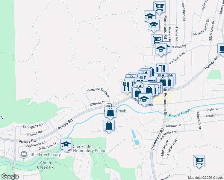 map of restaurants, bars, coffee shops, grocery stores, and more near 12913 Evalyn Court in Poway
