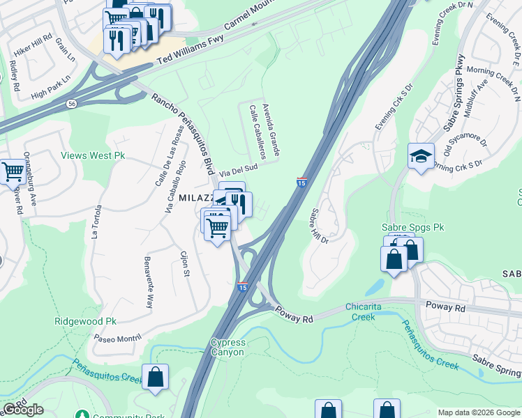 map of restaurants, bars, coffee shops, grocery stores, and more near Encantadora in San Diego
