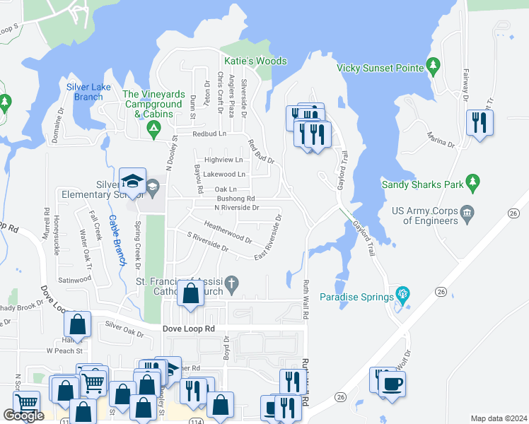 map of restaurants, bars, coffee shops, grocery stores, and more near 838 North Riverside Drive in Grapevine