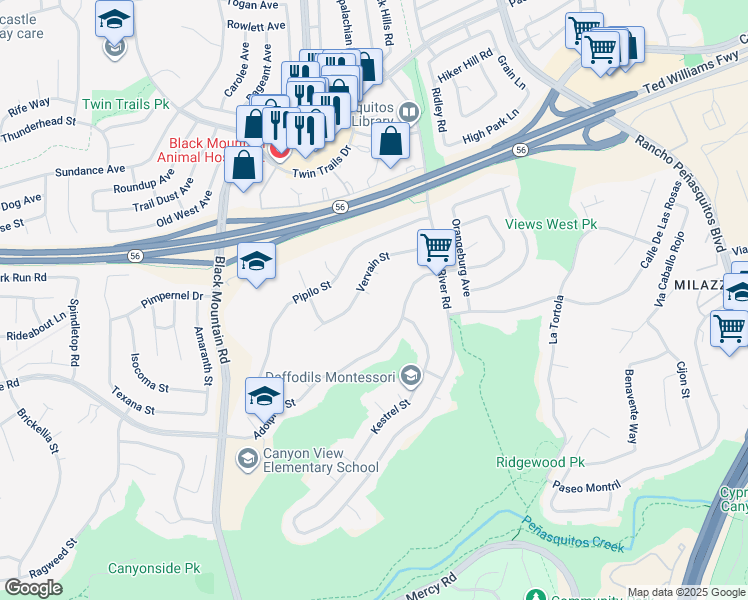 map of restaurants, bars, coffee shops, grocery stores, and more near 12904 Sedge Court in San Diego