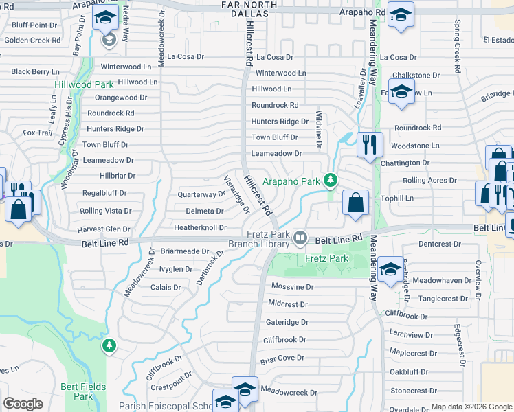 map of restaurants, bars, coffee shops, grocery stores, and more near 14919 Hillcrest Road in Dallas