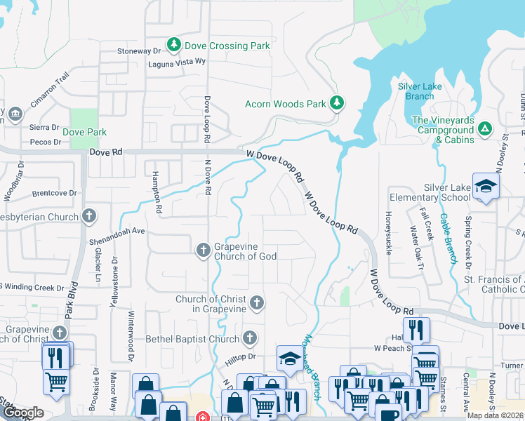map of restaurants, bars, coffee shops, grocery stores, and more near 1070 Lavon Drive in Grapevine