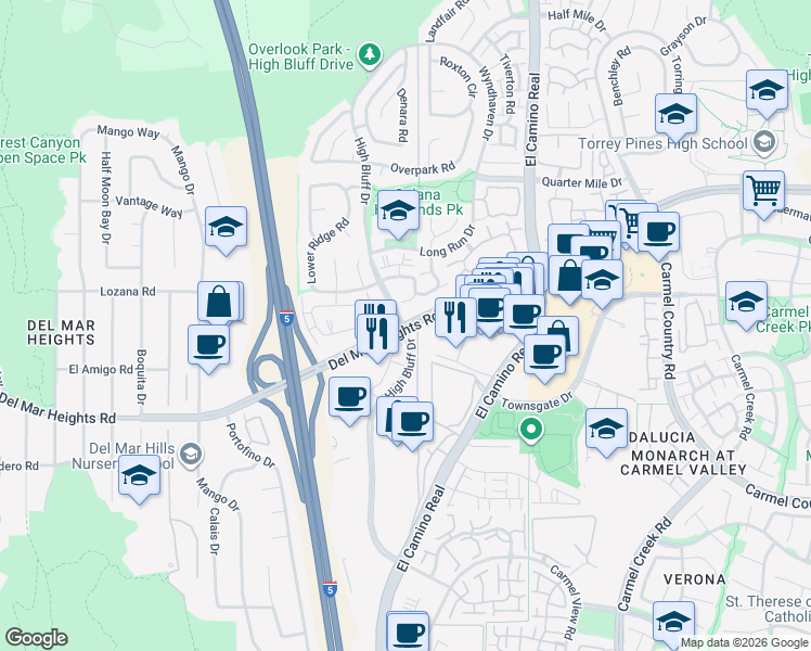map of restaurants, bars, coffee shops, grocery stores, and more near High Bluff Drive in San Diego