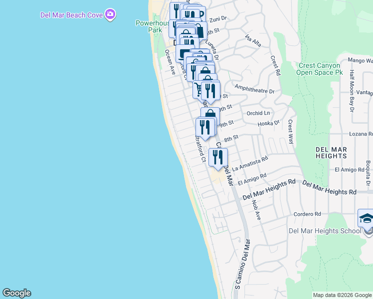 map of restaurants, bars, coffee shops, grocery stores, and more near 110 8th Street in Del Mar
