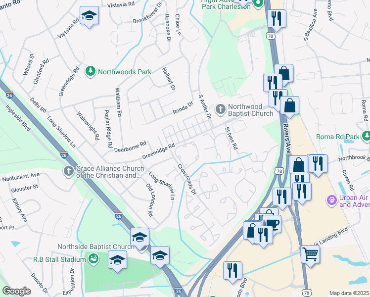 map of restaurants, bars, coffee shops, grocery stores, and more near 8102 Ramsgate Road in North Charleston