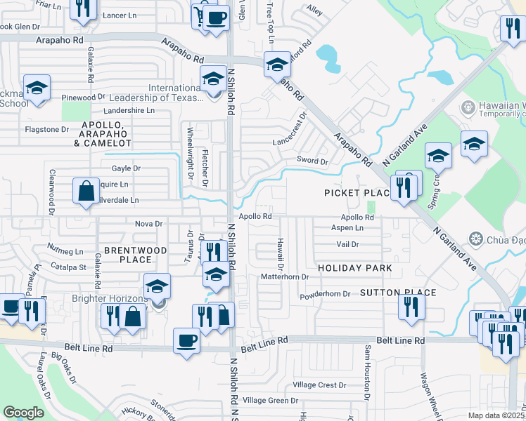 map of restaurants, bars, coffee shops, grocery stores, and more near 2317 Apollo Road in Garland