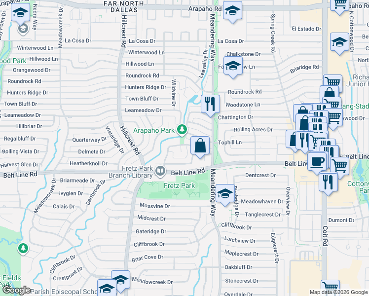 map of restaurants, bars, coffee shops, grocery stores, and more near 7285 Tangleglen Drive in Dallas