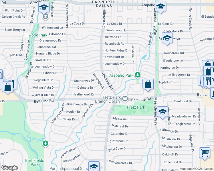 map of restaurants, bars, coffee shops, grocery stores, and more near 14919 Hillcrest Road in Dallas