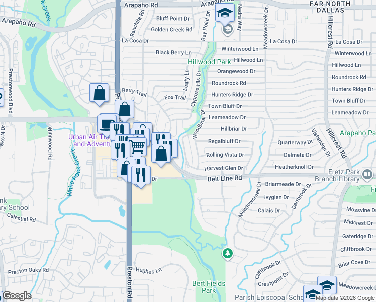 map of restaurants, bars, coffee shops, grocery stores, and more near 14907 Woodbriar Drive in Dallas