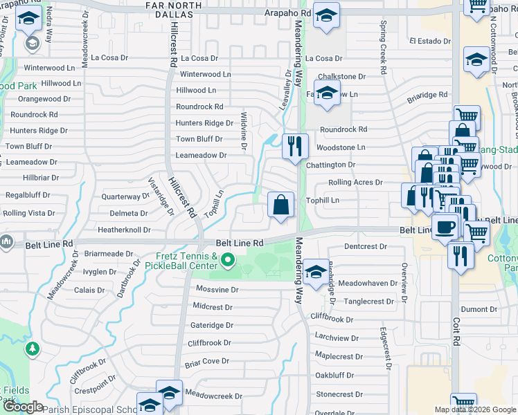 map of restaurants, bars, coffee shops, grocery stores, and more near 7308 Tangleglen Drive in Dallas