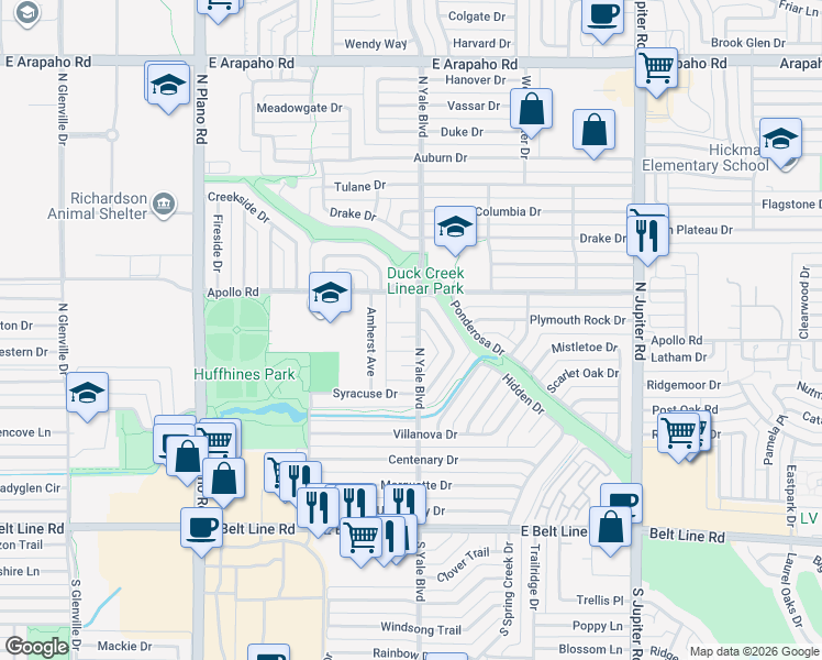map of restaurants, bars, coffee shops, grocery stores, and more near 8 Harolds Circle in Richardson