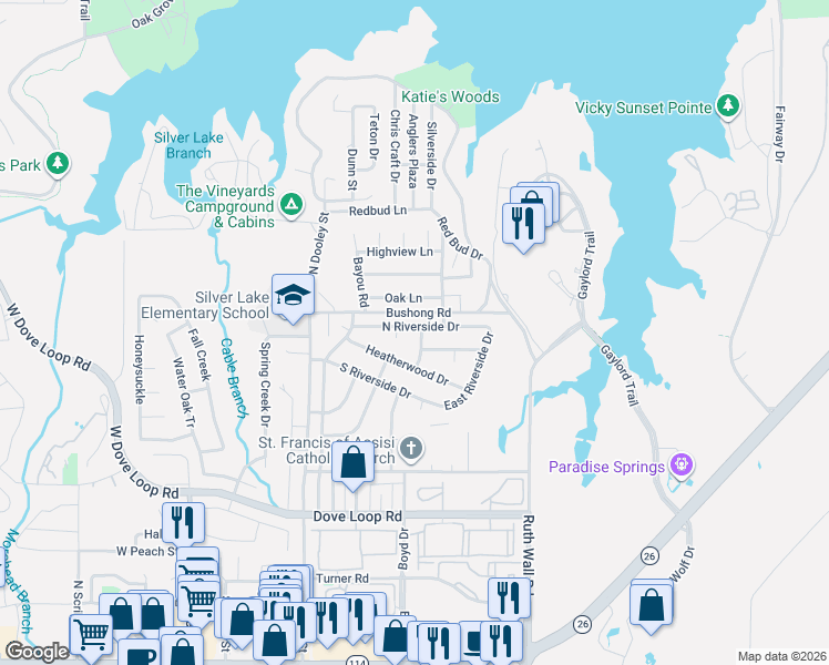 map of restaurants, bars, coffee shops, grocery stores, and more near 1230 Tamarack Court in Grapevine