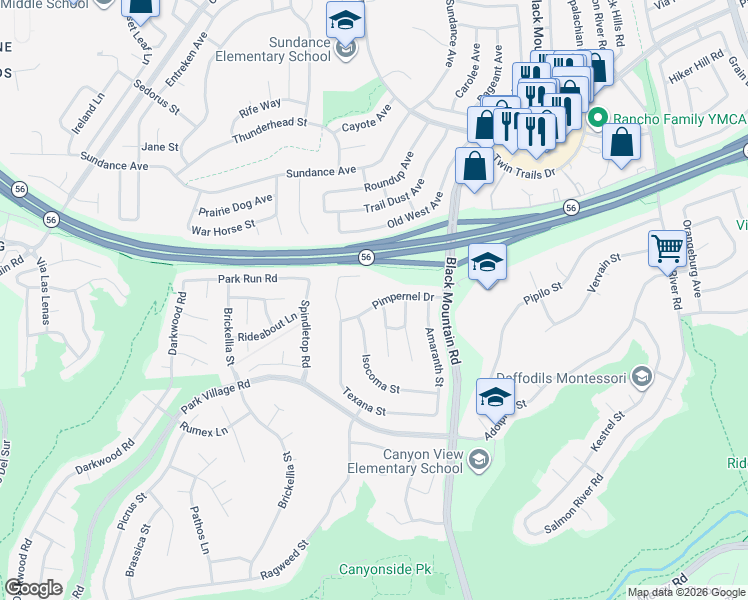 map of restaurants, bars, coffee shops, grocery stores, and more near 9066 Pimpernel Drive in San Diego