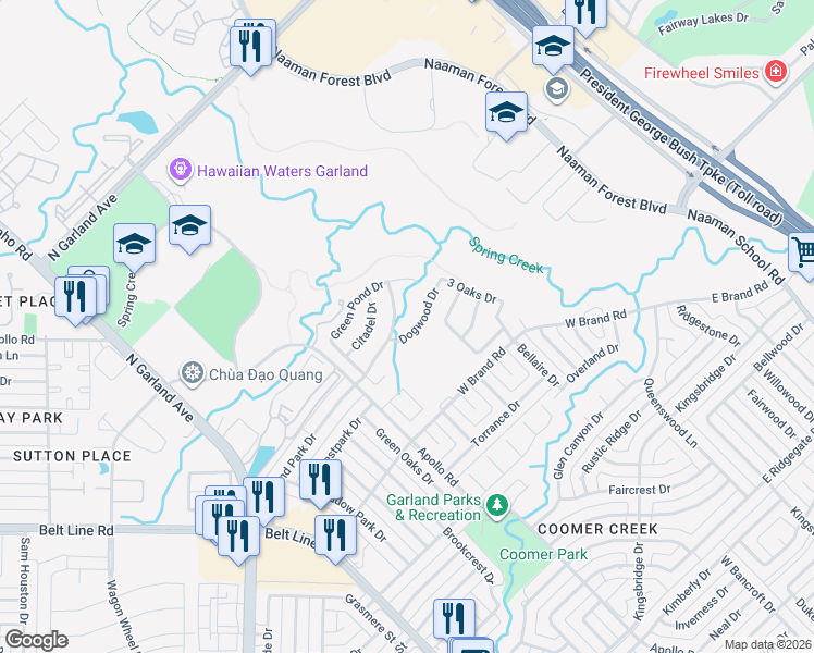map of restaurants, bars, coffee shops, grocery stores, and more near 909 Dogwood Drive in Garland