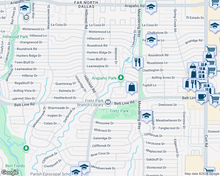 map of restaurants, bars, coffee shops, grocery stores, and more near 7237 Tangleglen Drive in Dallas
