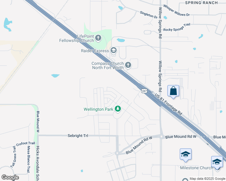 map of restaurants, bars, coffee shops, grocery stores, and more near 1900 Blue Mound Road West in Haslet