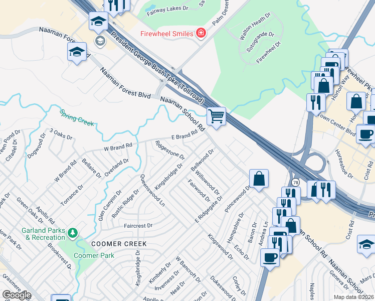 map of restaurants, bars, coffee shops, grocery stores, and more near 3805 Creststone Drive in Garland